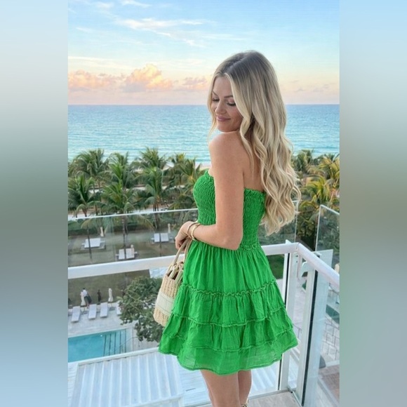 Strapless Green Embroidered Smocked Sundress Dress XS - Picture 2 of 7